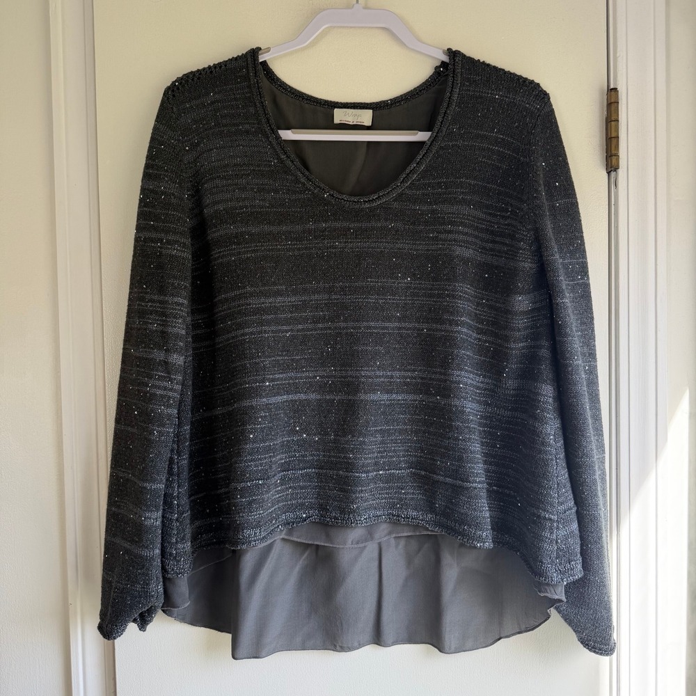 Wrap London Sequin Knit Silk Layered Split Back Sweater Charcoal Grey Z972 US 8